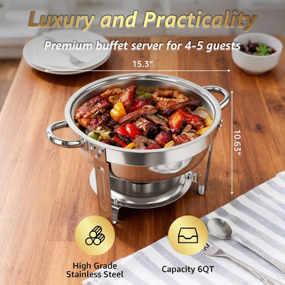 Golden Chafing Dish Buffet Set with Glass Lid 6QT Round Stainless Steel Food Warmer Chafer for Catering Party Dinners Weddings