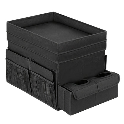Seat-Top Car Organizer Box with Open Tray, Cup Recesses, Side Pockets and Four Size-Color Options