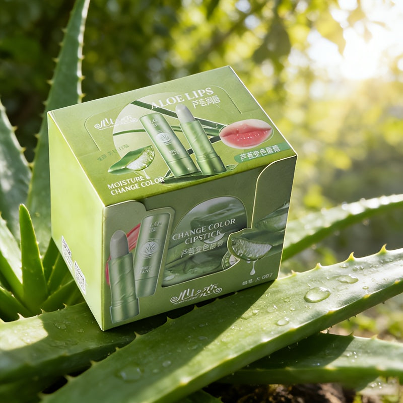 12-Piece Aloe-Themed Lip Balm Stick Set with Color-Changing Finish, Beeswax and Vitamin E Labels