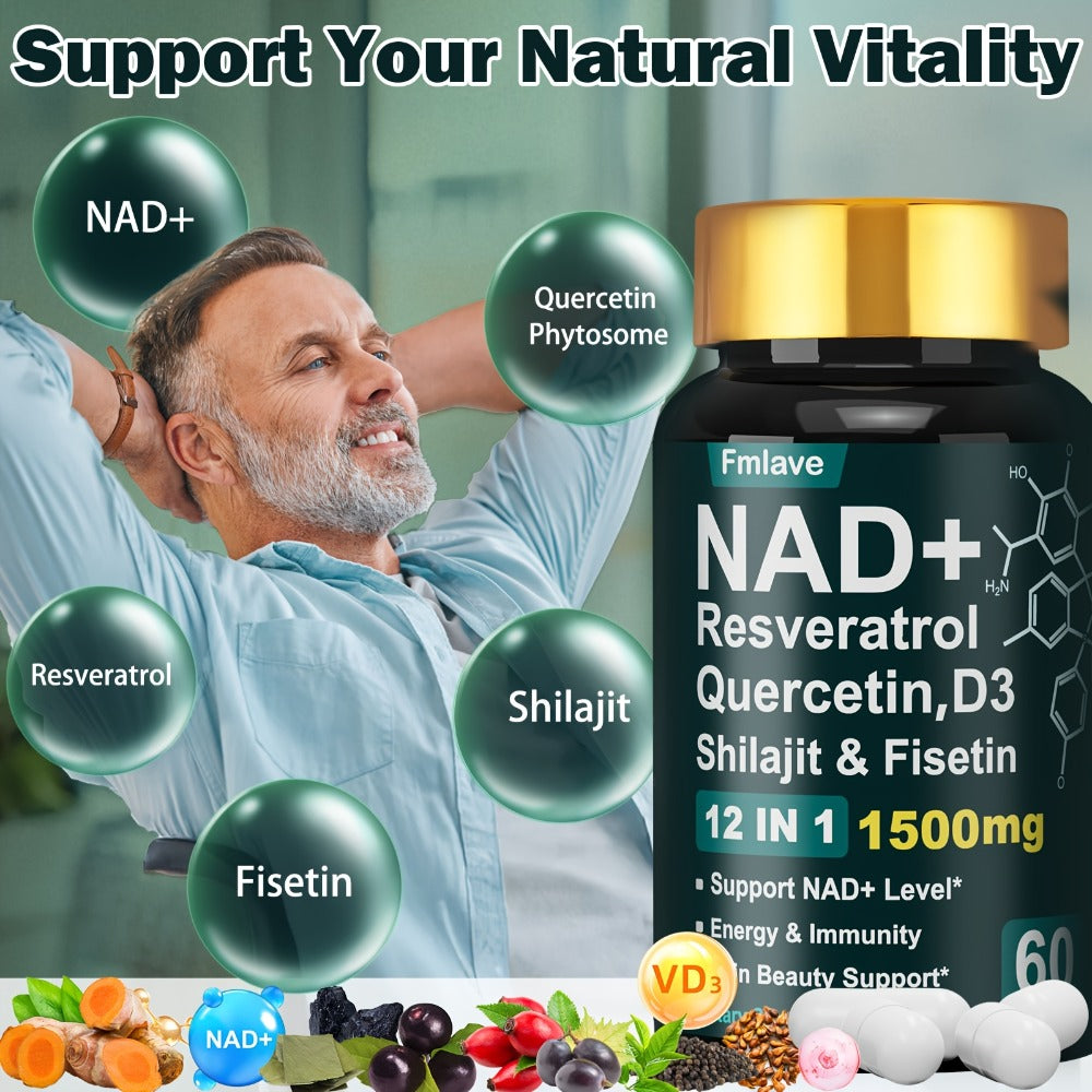NAD+ Supplement Capsules 1500mg 12-in-1 with Nicotinamide Riboside & Quercetin for Bath Time, Home Spa and Personal Care