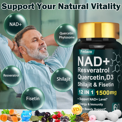 NAD+ Supplement Capsules 1500mg 12-in-1 with Nicotinamide Riboside & Quercetin for Bath Time, Home Spa and Personal Care