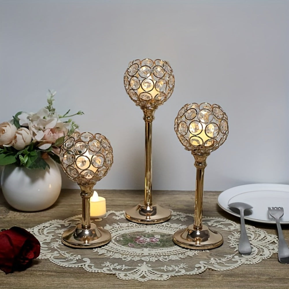 Crystal Candelabra Centerpiece, Gold & Silver Taper Candle Holders for Wedding, Anniversary, Candlelit Dinner