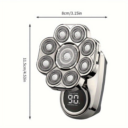 Nine-Head Rotary Electric Shaver Kit with Four Grooming Attachments, LED Display and Silver Finish