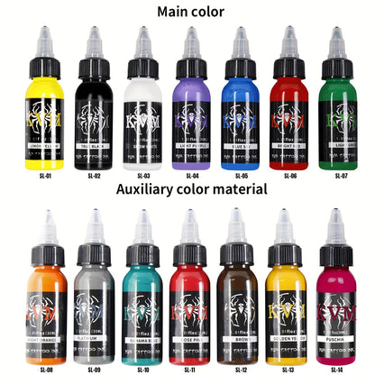 Tattoo Ink 7- or 14-Color Set with 1oz 30ml Bottles and Three Palette Configurations with Item-Specific Color, Capacity and Bottle Choices