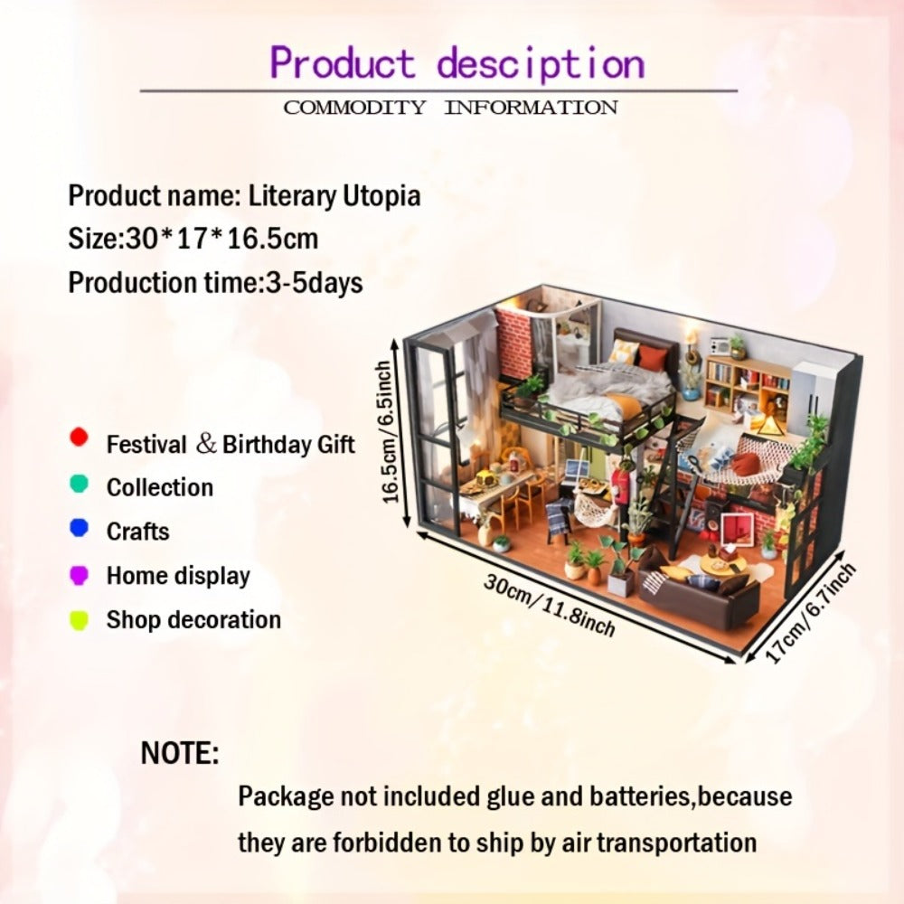DIY Dollhouse Kit 2 Story with Dust Cover, Handmade Miniature House Model with Furniture Parts, No Glue No Batteries