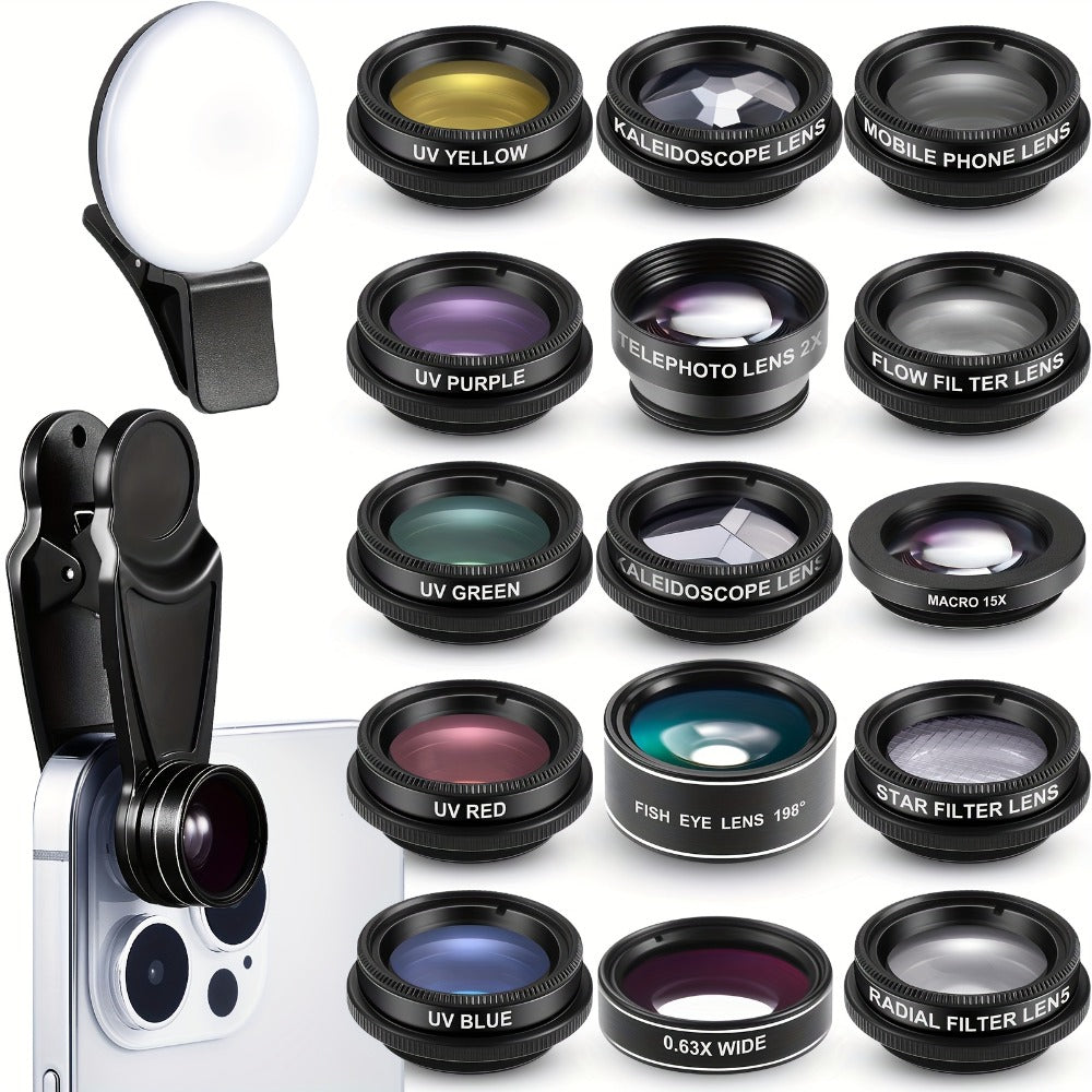 16-in-1 Phone Camera Lens Kit – Fisheye, Wide Angle, Macro, Kaleidoscope & CPL Clip-On Lenses + Selfie Light