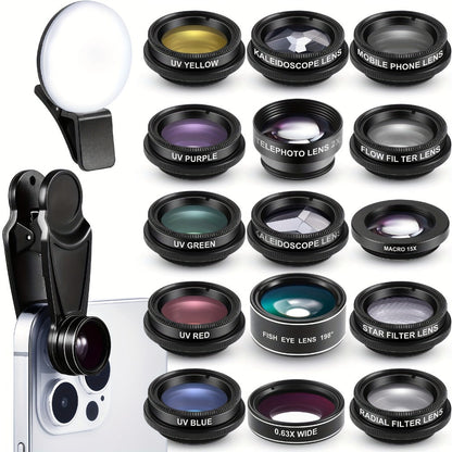 16-in-1 Phone Camera Lens Kit – Fisheye, Wide Angle, Macro, Kaleidoscope & CPL Clip-On Lenses + Selfie Light