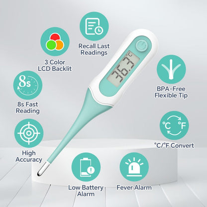 Digital Oral Thermometer for Adults & Kids, 8-Second Fast Read, Bendable Tip, 3-Color Fever Backlight