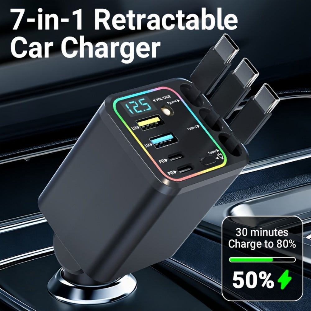 Car Charger 7-in-1 Fast Charging Hub – 3 Retractable Cables, 180° Adjustable, LED Display, USB Multi-Port for iPhone Android