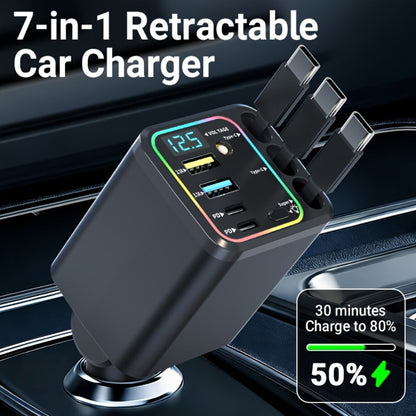 Car Charger 7-in-1 Fast Charging Hub – 3 Retractable Cables, 180° Adjustable, LED Display, USB Multi-Port for iPhone Android