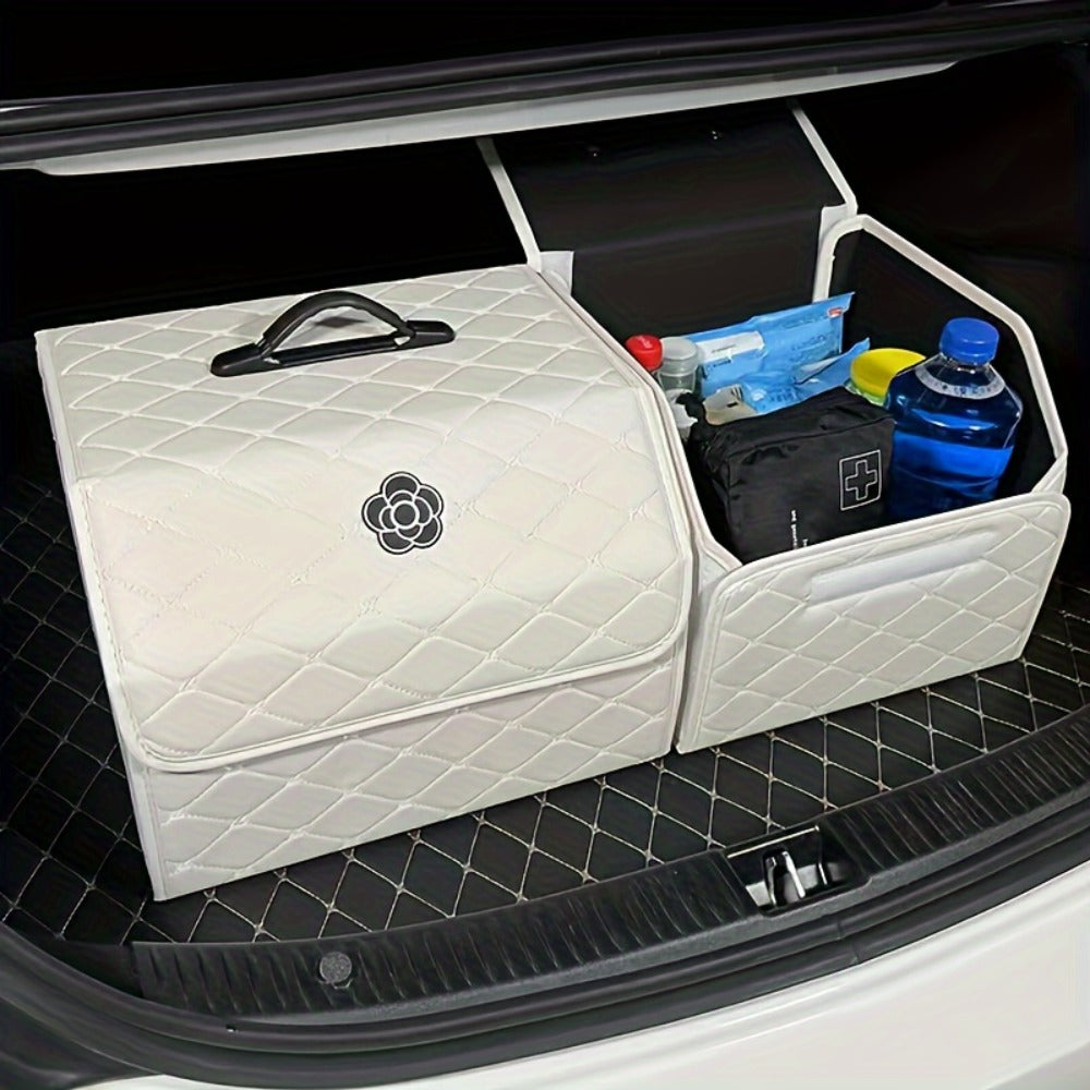Car Trunk Organizer, Foldable Quilted Lidded Storage Box in Small or Large Size with Black and White Options