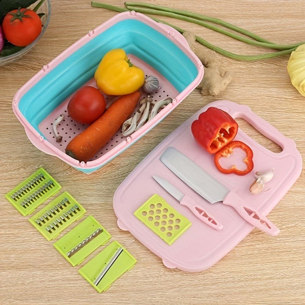 Cutting Board Set 9-in-1 Foldable Chopping Board with Colander Vegetable Wash Basket Drain for Grilling, Camping and Outdoor Meals
