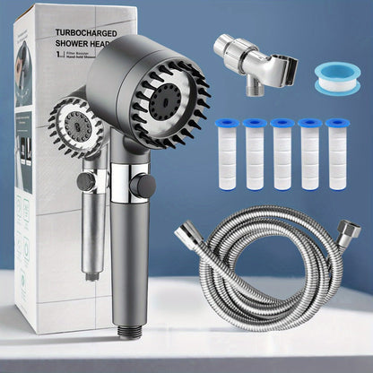 Handheld Shower Head with Rotating Spray Selector, On-Off Button, Hose, Five Cartridges and Two Bracket Options