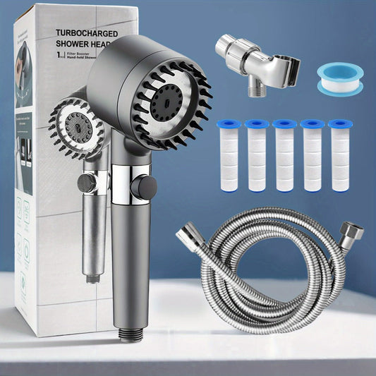 Handheld Shower Head with Rotating Spray Selector, On-Off Button, Hose, Five Cartridges and Two Bracket Options