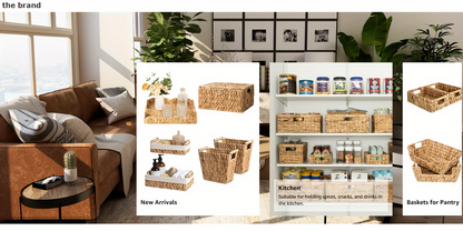 Storage Baskets, Seagrass and Water Hyacinth with Built-In Handles in Six Style Options with Material, Size and Pack Options for Shelf