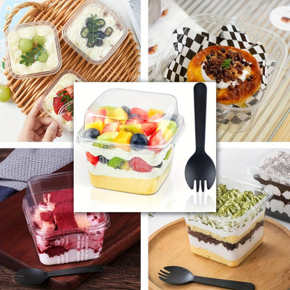 Disposable Dessert Cups 100pcs 8oz Square Clear Plastic with Lids & Sporks, Cake Cups for Pudding