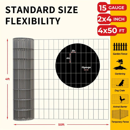 Welded Wire Mesh Fence Roll 50ft, Galvanized Zinc-Coated Steel Hardware Cloth for Chicken Coop, Garden Fence
