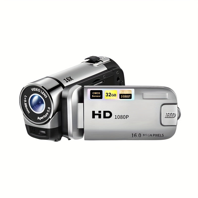 Portable 1080P Digital Camcorder with Rotating Screen & 32G Memory Card, Rechargeable Battery, Selfie Support