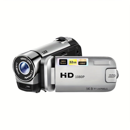 Portable 1080P Digital Camcorder with Rotating Screen & 32G Memory Card, Rechargeable Battery, Selfie Support