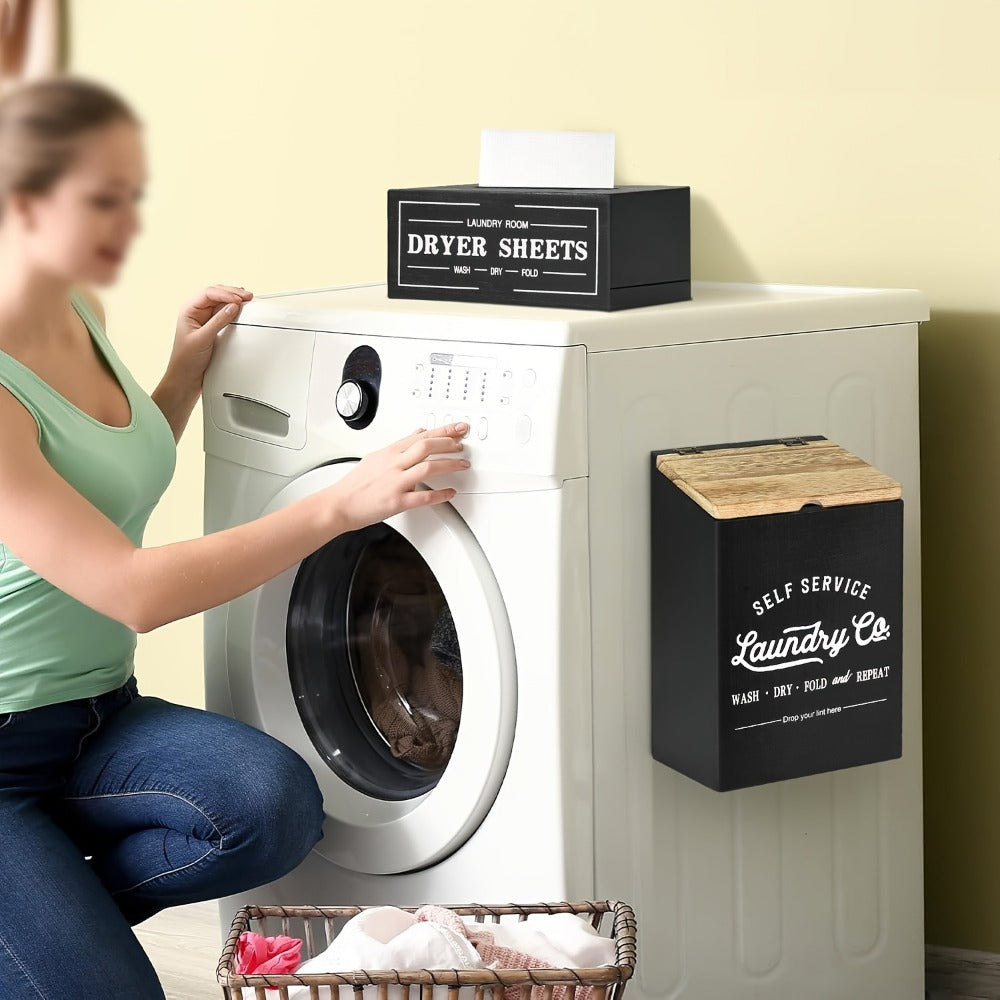 Magnetic Lint Holder & Dryer Sheet Dispenser 2-Pack, Farmhouse Wooden Lint Trash Can with Lid for Dryer