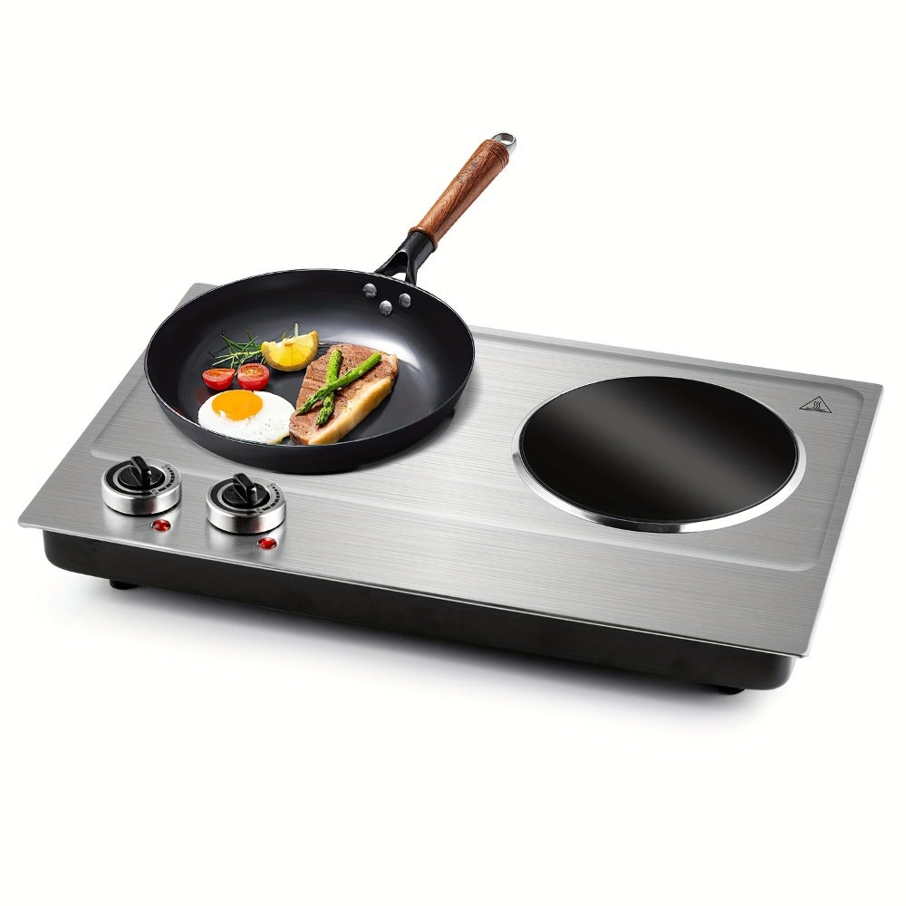 Electric Infrared Cooktop Double Burner Hot Plate, 1800W Portable Dual Temperature Control, Easy-Clean Smooth Surface