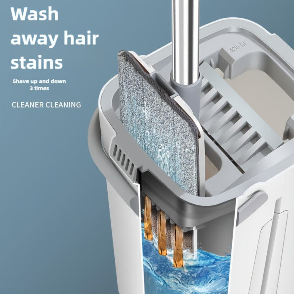 Flat Mop with Bucket Set, Hands-Free Wringing Floor Mop, 6 Replacement Microfiber Cloths, Wet & Dry Dual-Use, Durable Plastic Frame