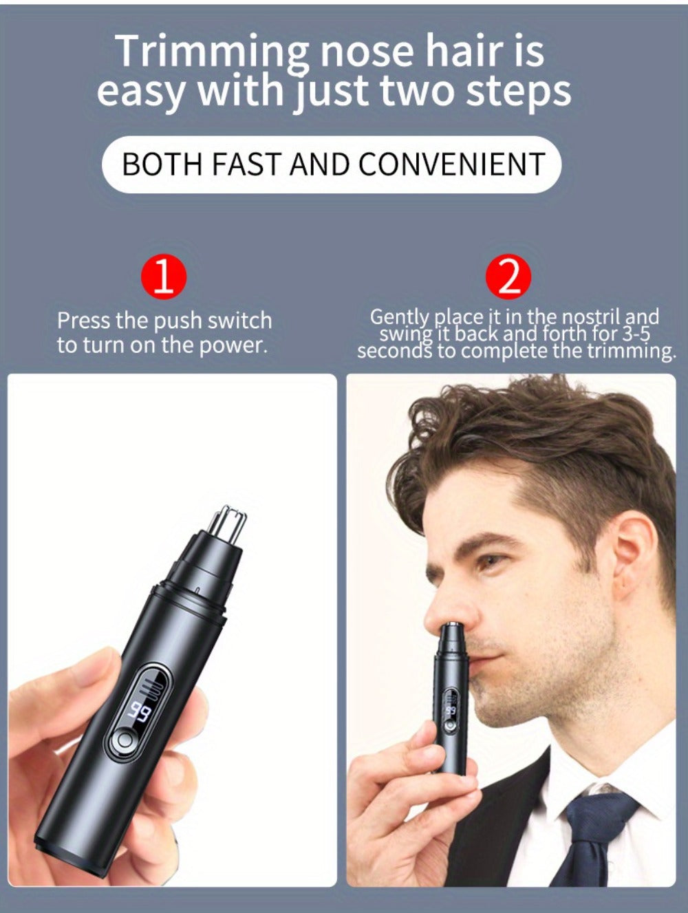 Nose Hair Trimmer Electric Painless 3-in-1 USB Rechargeable with LED Display – Trims Nose Ear Hair Eyebrows Waterproof Grooming Device