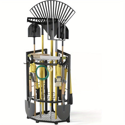 Wall Mount Tool Organizer Rack - Metal Garden Tool Storage with Hooks for Shovels, Rakes & Long-Handled Tools