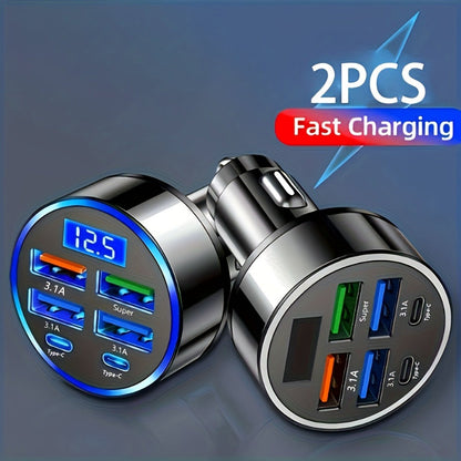 6-in-1 Car Charger 2-Pack with Ambient Light & Voltage Display, Dual PD Fast Charge + QC3.0 + 4 USB Ports Matte Finish