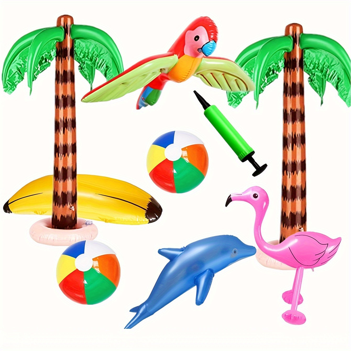 Hawaiian Party Decorations Inflatable Set 9 Pieces - Coconut Trees Beach Balls Flamingo Parrot Dolphin Banana with Pump