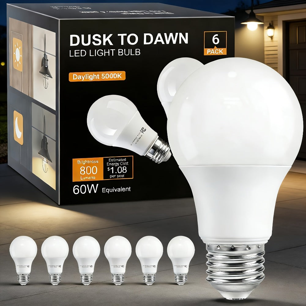 Dusk to Dawn Light Bulb A19 9W 800 Lumens 60W Equivalent with Auto On Off Photocell Sensor – E26 Base Soft White 2700K & Daylight 5000K 80+