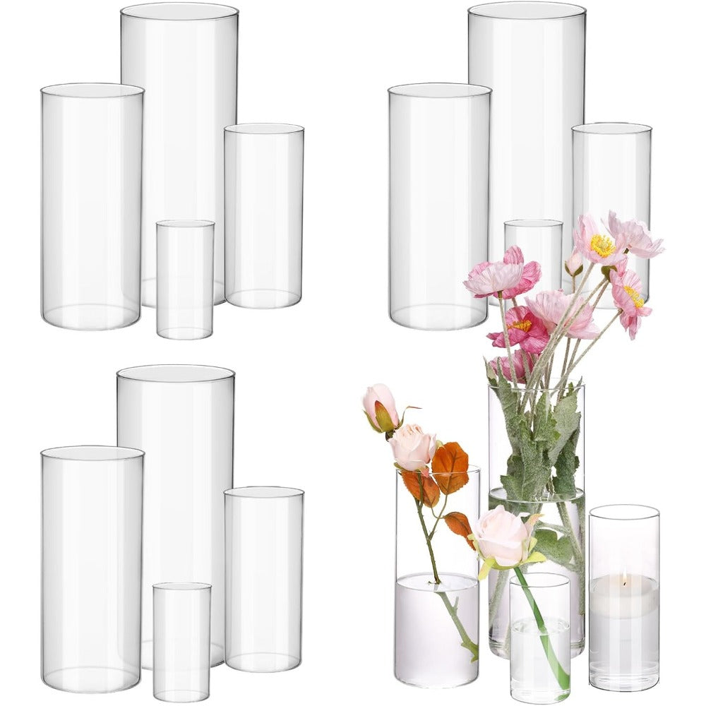 Clear Glass Cylinder Vases Set of 16, 4 6 8 10 Inch Tall Glass Vases for Centerpieces, Floating Candle Holders