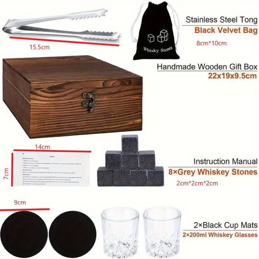 Whisky & Wine Glass Set with Cooling Stones, Ice Tong & Bartender Kit, Portable Bar Accessories for Luxurious Drinking Experience
