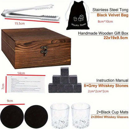 Whisky & Wine Glass Set with Cooling Stones, Ice Tong & Bartender Kit, Portable Bar Accessories for Luxurious Drinking Experience