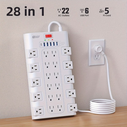 28-in-1 Surge Protector Power Strip, 22 AC Outlets & 6 USB Ports (1 USB-C), 5ft Extension Cord