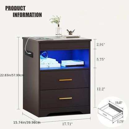 Nightstand Two-Drawer Bedside Table with Lockable Hidden Tray, Charging Station and 16-Color RGB Light