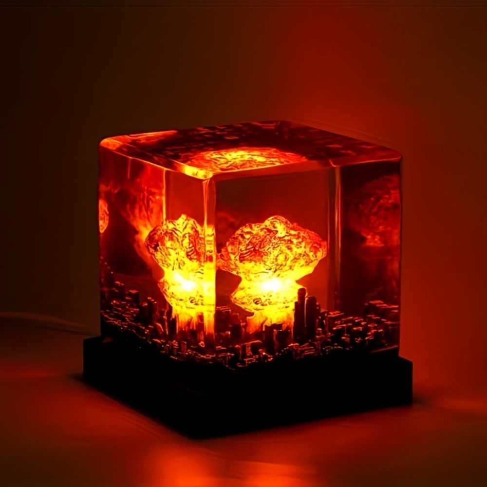 Night Light Mushroom Cloud USB LED Display Lamp with Red Glow, Clear Cube Shade and Sci-Fi Desk Accent Design