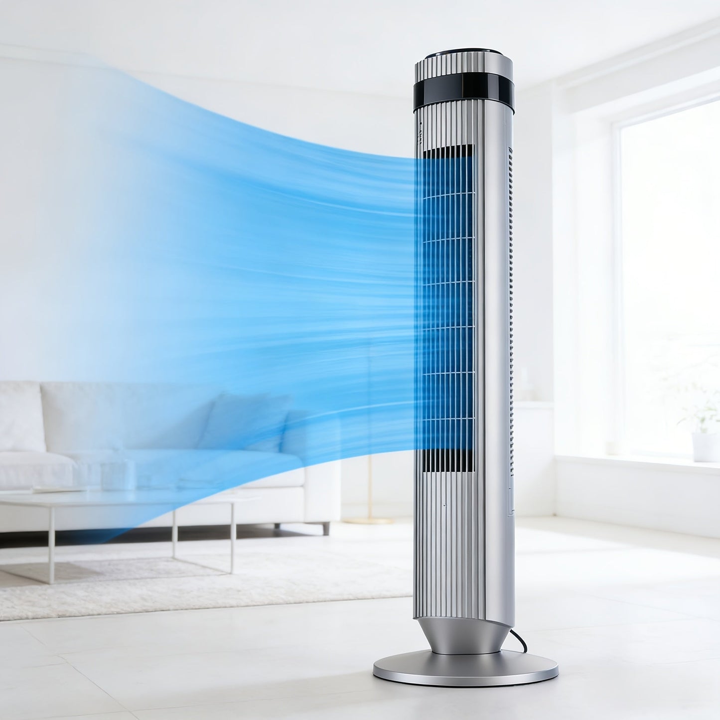 Floor-Standing Tower Fan with Circular LED Display, 7.68-Inch Base and Black, White or Gray Finish