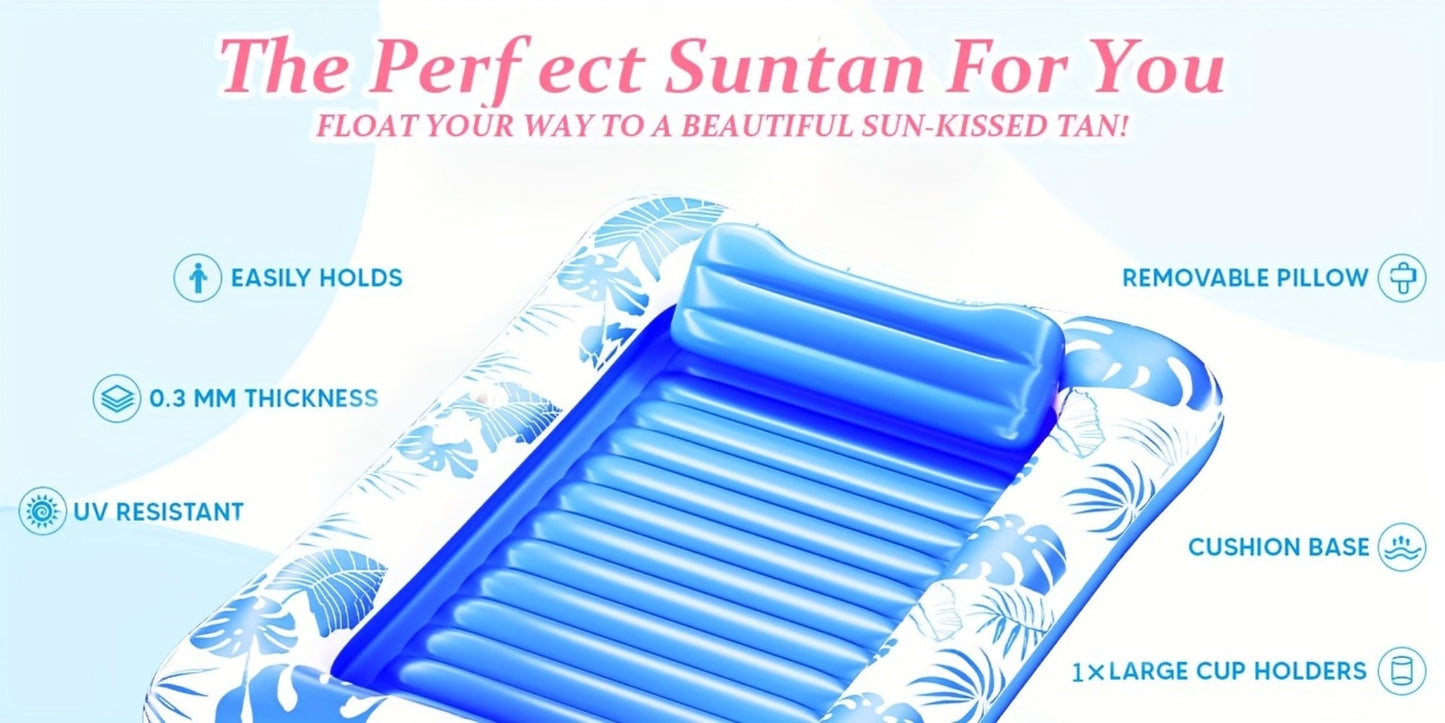Blue-and-White Inflatable Pool Mattress with Removable Headrest, Cup Holder and 83.5 x 52.4-Inch Base