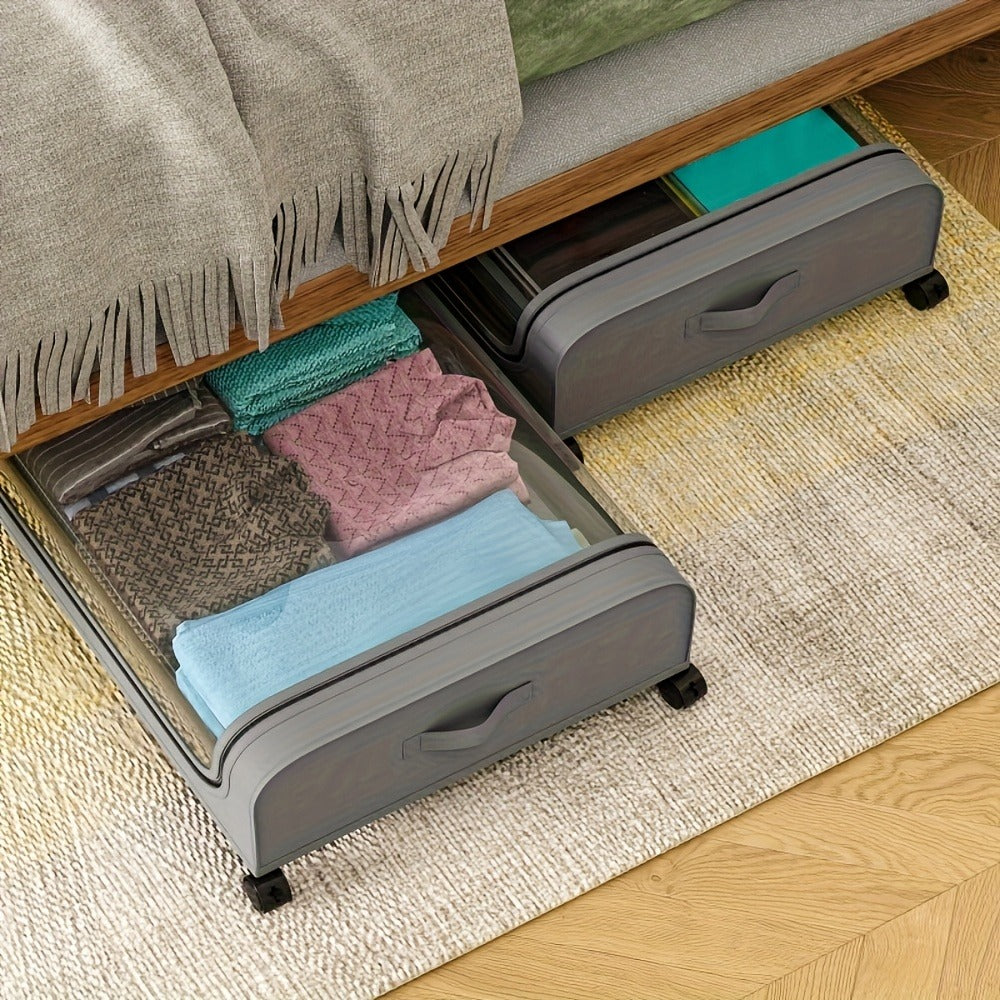 Under Bed Storage Organizer with Wheels & Lid – Metal Rolling Bins for Clothes Bedding Shoes Blankets Books (2pcs)