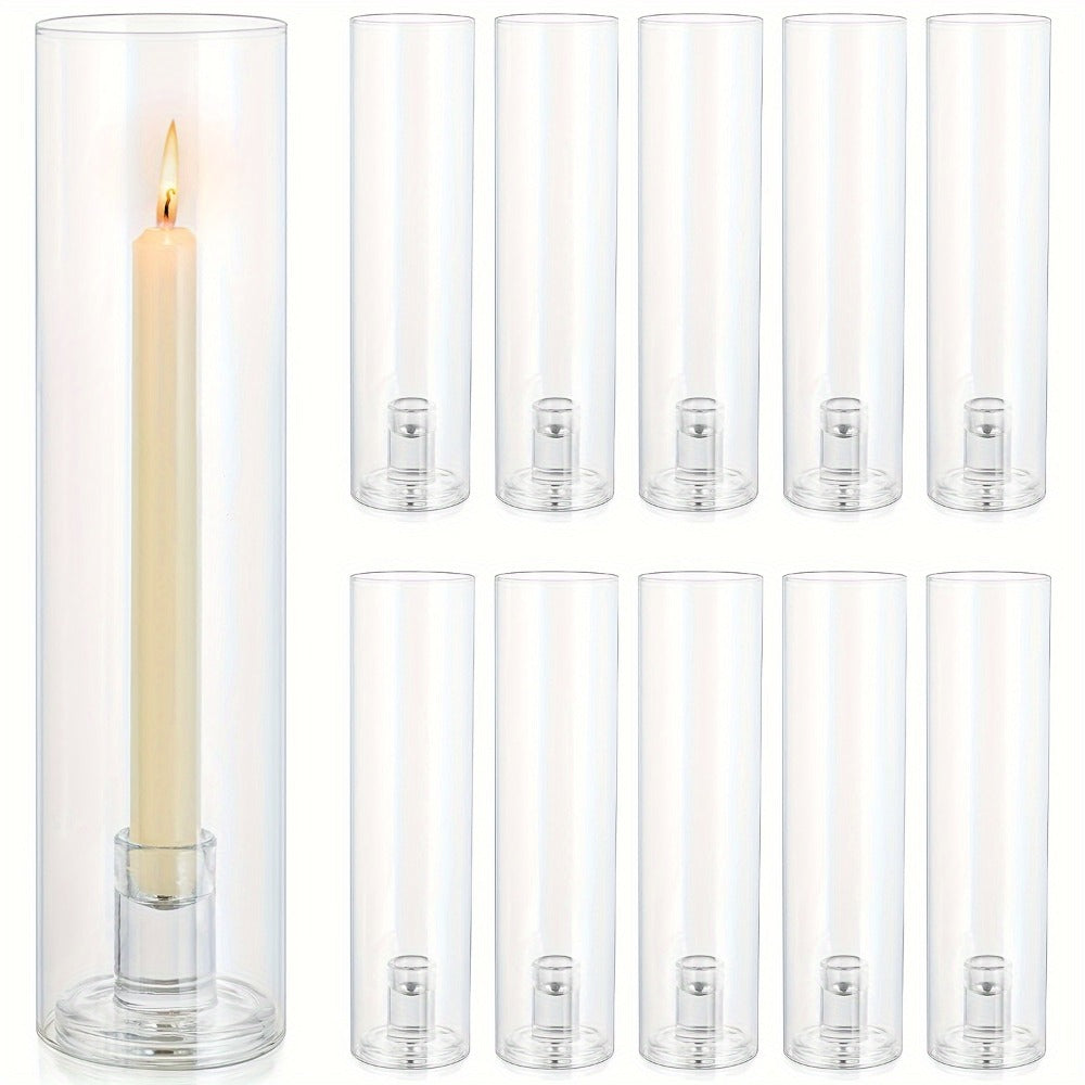 Hurricane Glass Candle Holders for Taper Candles, 11.8 Inch Tall Clear Cylinder Windproof Candlestick Stand for Wedding