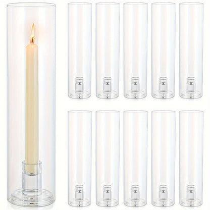 Hurricane Glass Candle Holders for Taper Candles, 11.8 Inch Tall Clear Cylinder Windproof Candlestick Stand for Wedding