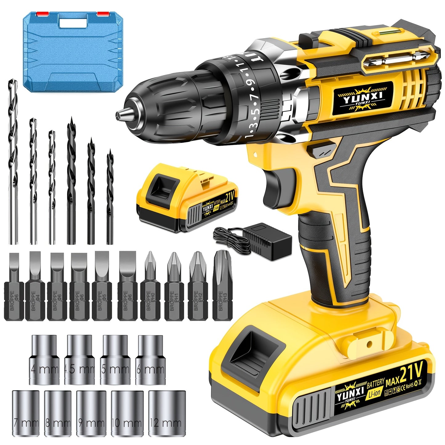 Cordless Impact Drill Set 21V, Electric Power Drill with 2.0Ah Battery, Fast Charger, Screwdriver Bits