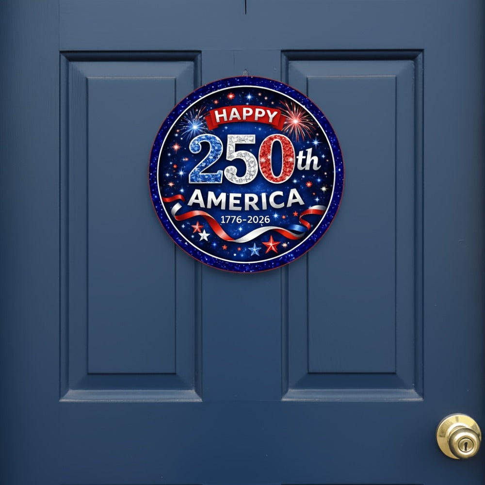 Patriotic Wooden Door Sign 250th Anniversary 1776-2026 Retro Round Wreath 4th of July Independence Day Hanging Decoration Home Porch Outdoor
