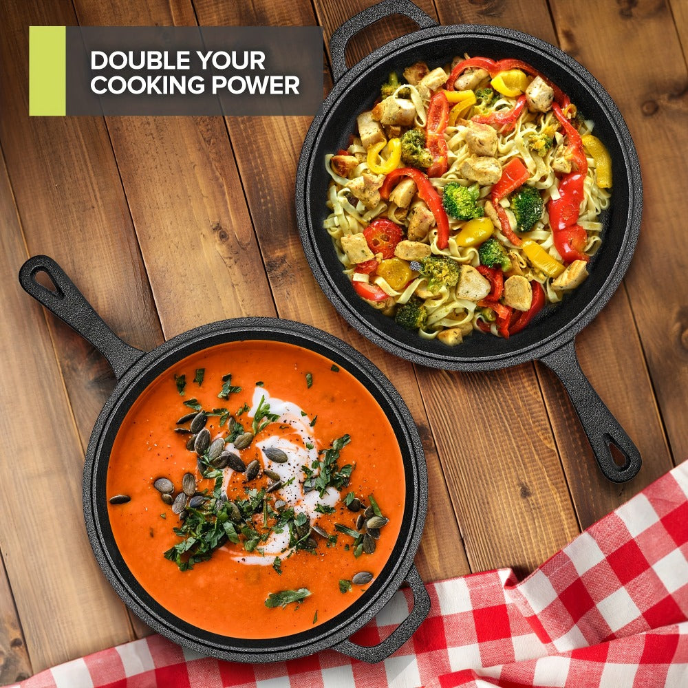 2-in-1 Cast Iron Dutch Oven with 26cm Deep Pot and Long-Handle Skillet Lid for Stovetop, Oven or Campfire