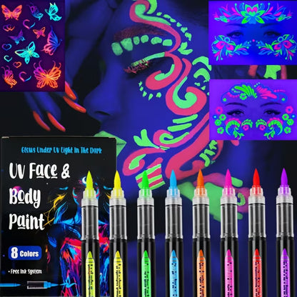 Face Body Paint Pen Set 8 Colors with 105 Tattoo Stencils, Glow in the Dark Neon UV Blacklight Face Paint