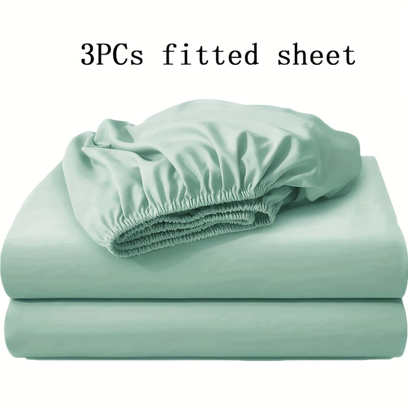Three-Piece Solid-Color Fitted Sheet Set with Two Pillowcases, Nine Colors and Four Bed Sizes