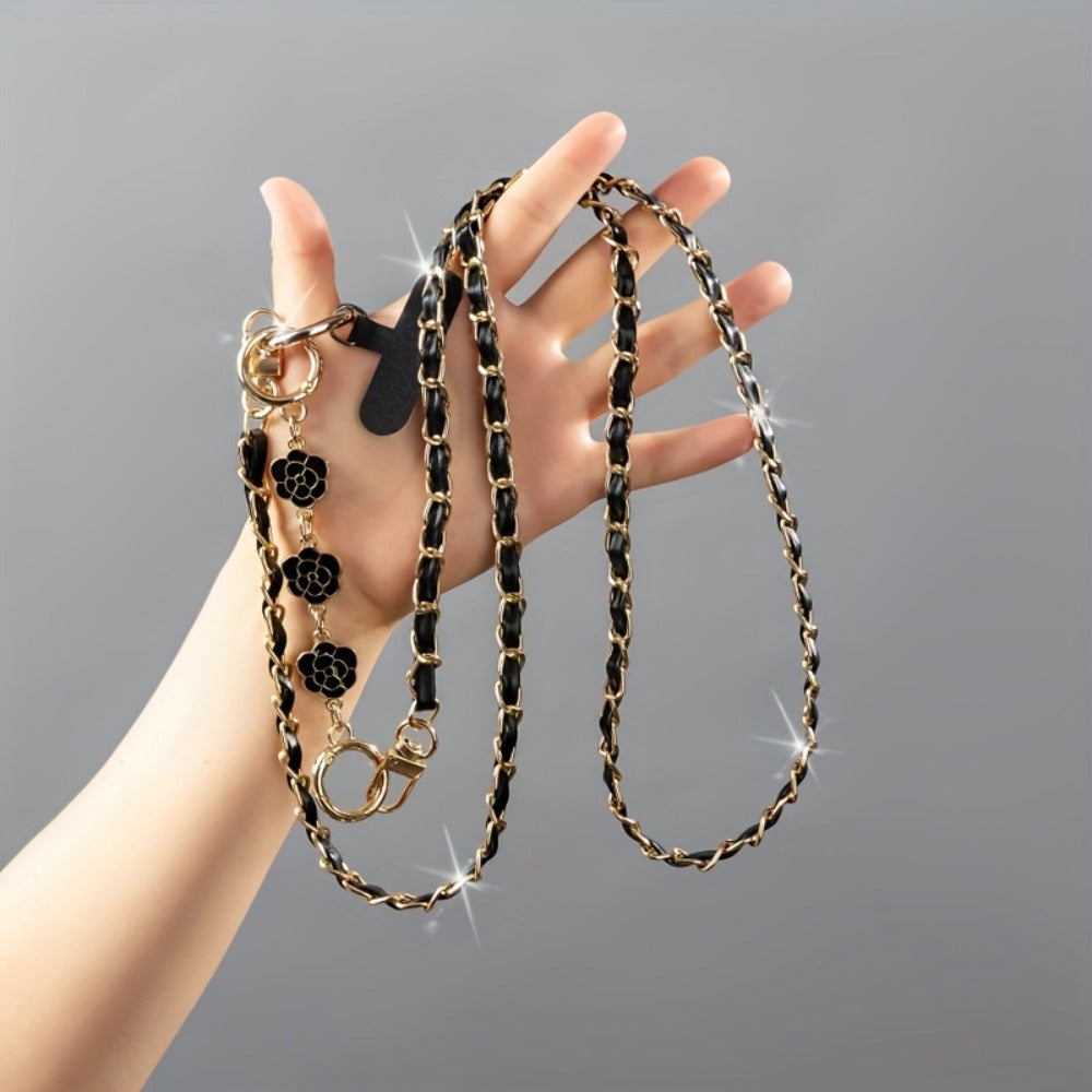 Crossbody Phone Strap Long Chain Pearl Camellia Metal Charm Elegant Lanyard for Women Girls