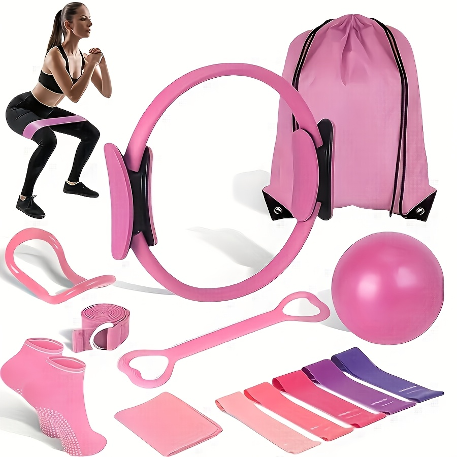 Pink 13-Piece Pilates Ring and Resistance Band Set with Ball, Socks, Straps and Drawstring Bag