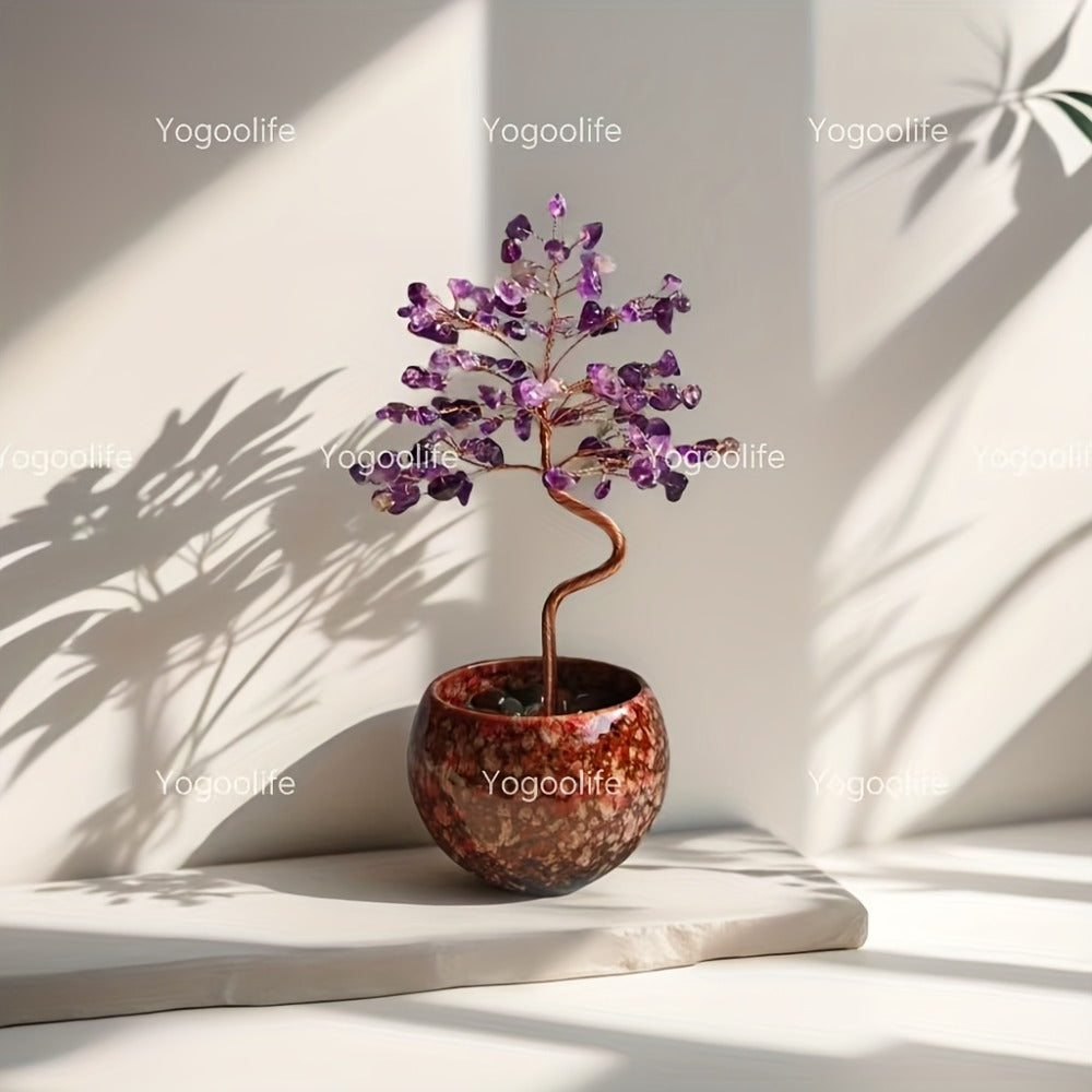 Natural Crystal Gemstone Tree with Ceramic Base 7 Inch Handmade Healing Stone Bonsai Tree for Entryways, Bedrooms and Living Spaces